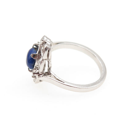 925 Sterling Silver Real Lapis Lazuli & C Z Cluster Ring Size 7