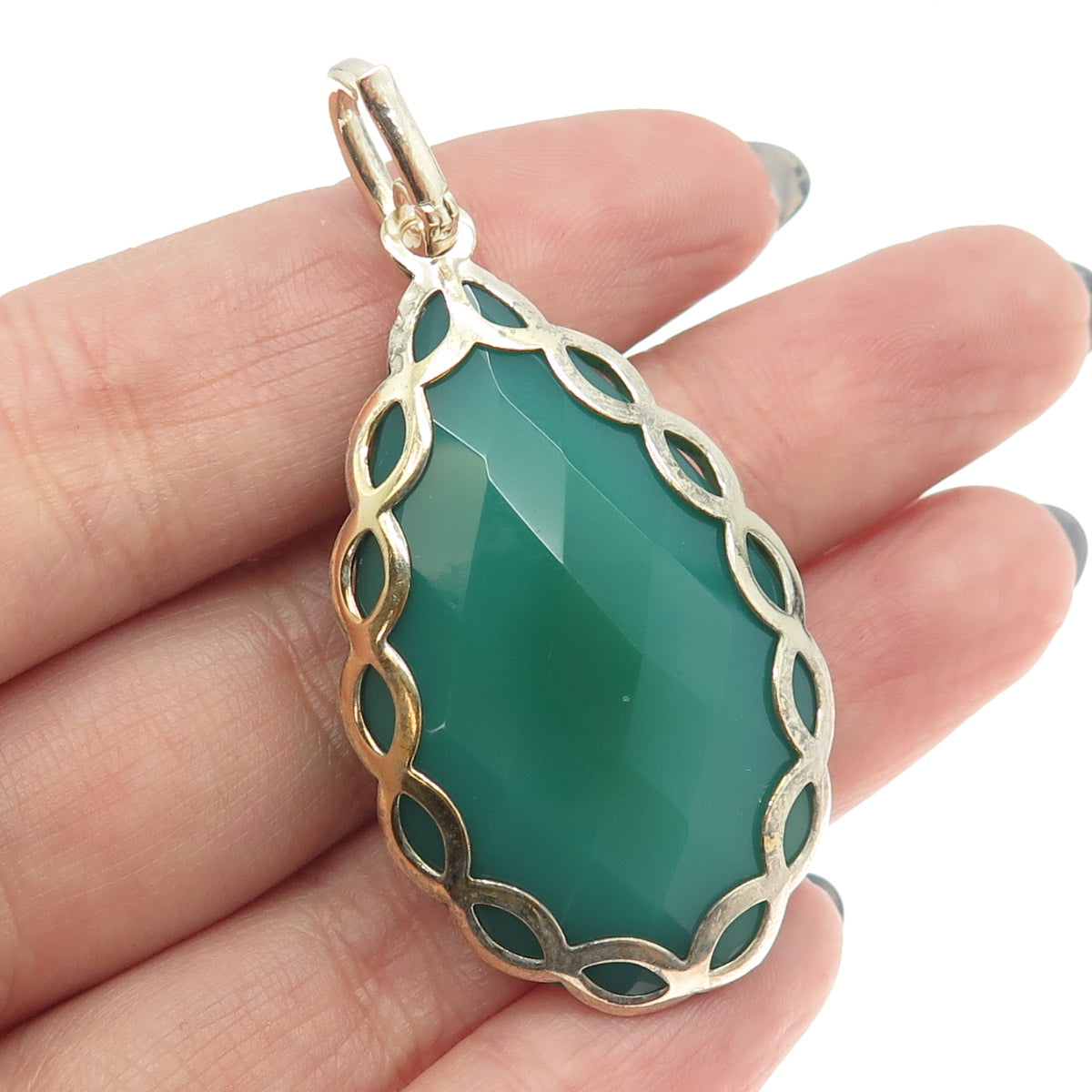 925 Sterling Silver Gold Plated Real Pear-Cut Green Onyx Drop Pendant