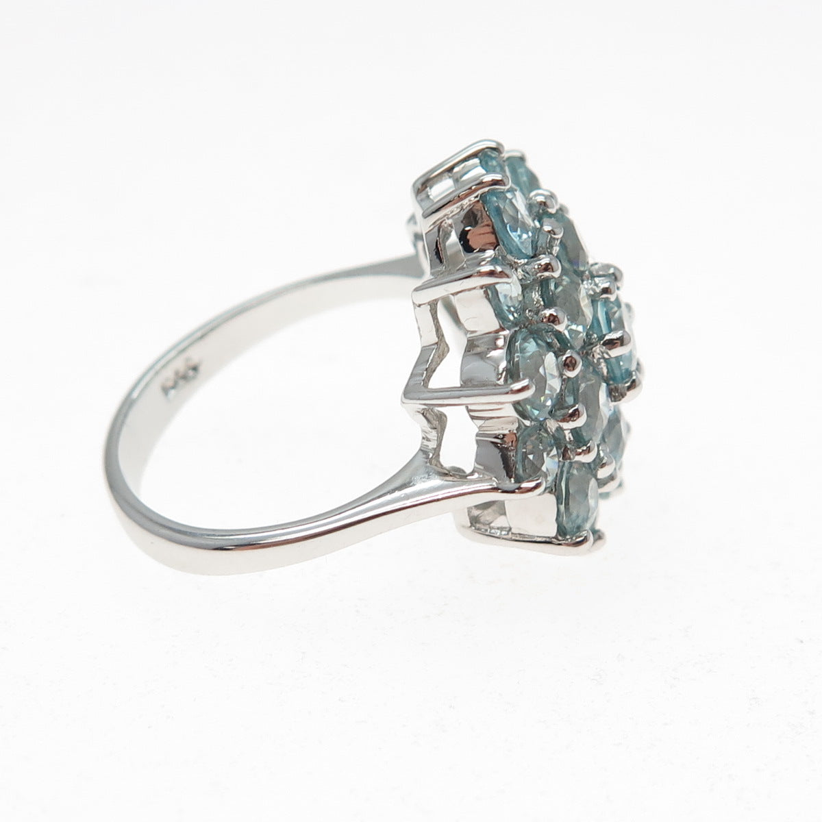 925 Sterling Silver Real Round-Cut Blue Topaz Flower Cluster Ring Size 7.5