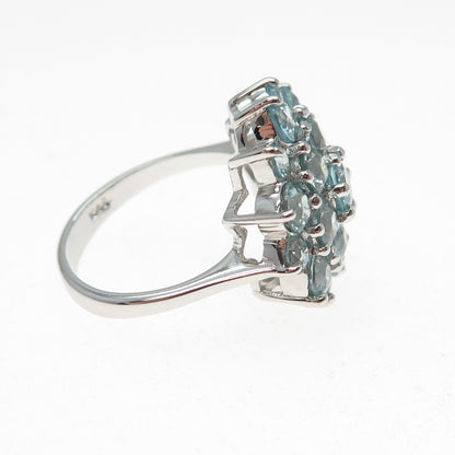 925 Sterling Silver Real Round-Cut Blue Topaz Flower Cluster Ring Size 7.5