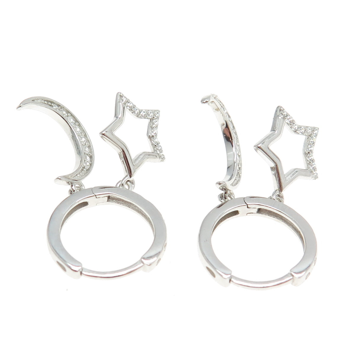 925 Sterling Silver C Z Crescent Moon & Star Dangling Earrings