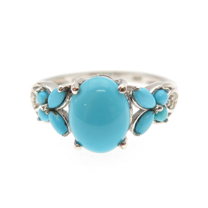 925 Sterling Silver Real Sleeping Beauty Turquoise & White Topaz Ring Size 8