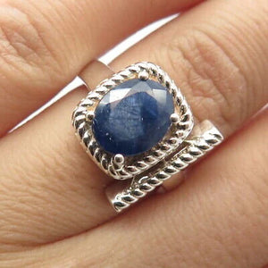 925 Sterling Silver Vintage Real Sapphire Gem Twisted Square Ring Size 7.25