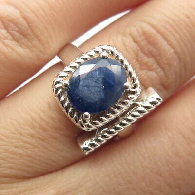 925 Sterling Silver Vintage Real Sapphire Gem Twisted Square Ring Size 7.25