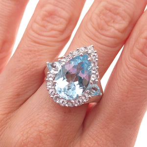 925 Sterling Silver Real Blue & White Topaz Teardrop Ring Size 7.25