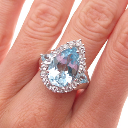 925 Sterling Silver Real Blue & White Topaz Teardrop Ring Size 7.25