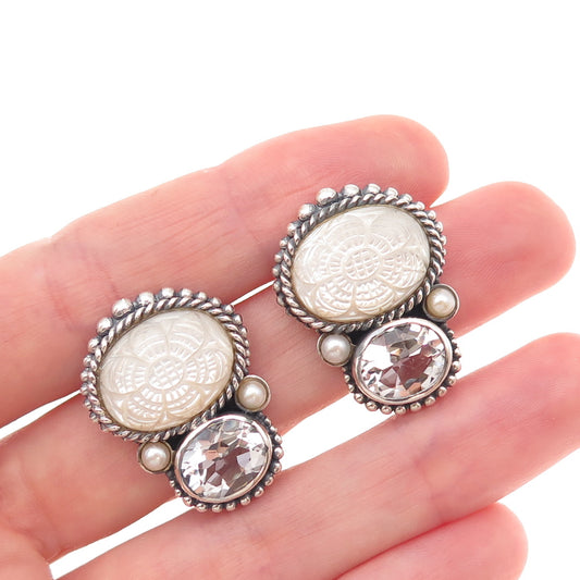 Stephen Dweck 925 Sterling Silver Vintage Real MOP Pearl Quartz Clip On Earrings