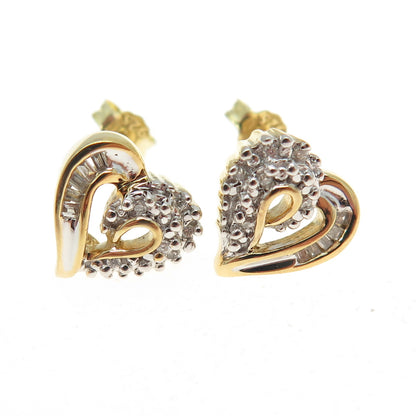 SUN Sterling Silver Gold Plated Real Round & Baguette-Cut Diamond Heart Earrings