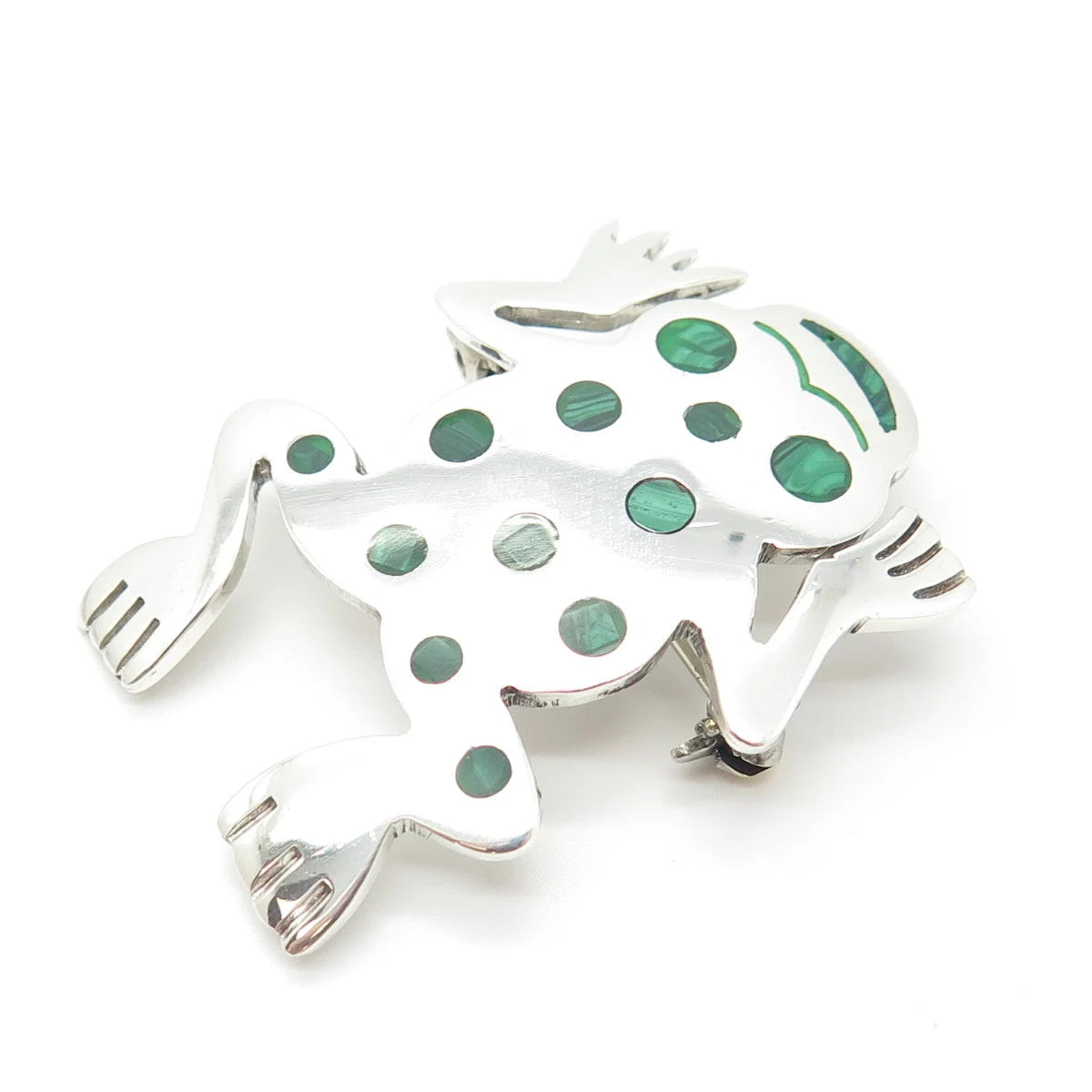 925 Sterling Silver Vintage Mexico Malachite Gem Frog for Good Luck Pin Brooch