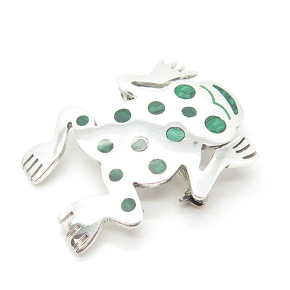 925 Sterling Silver Vintage Mexico Malachite Gem Frog for Good Luck Pin Brooch