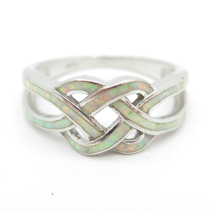 925 Sterling Silver Real Opal Celtic Love Knot Ring Size 9.75