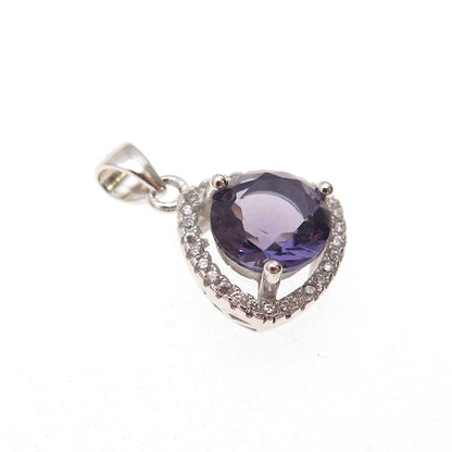 925 Sterling Silver Vintage Real Amethyst & C Z Charm Pendant