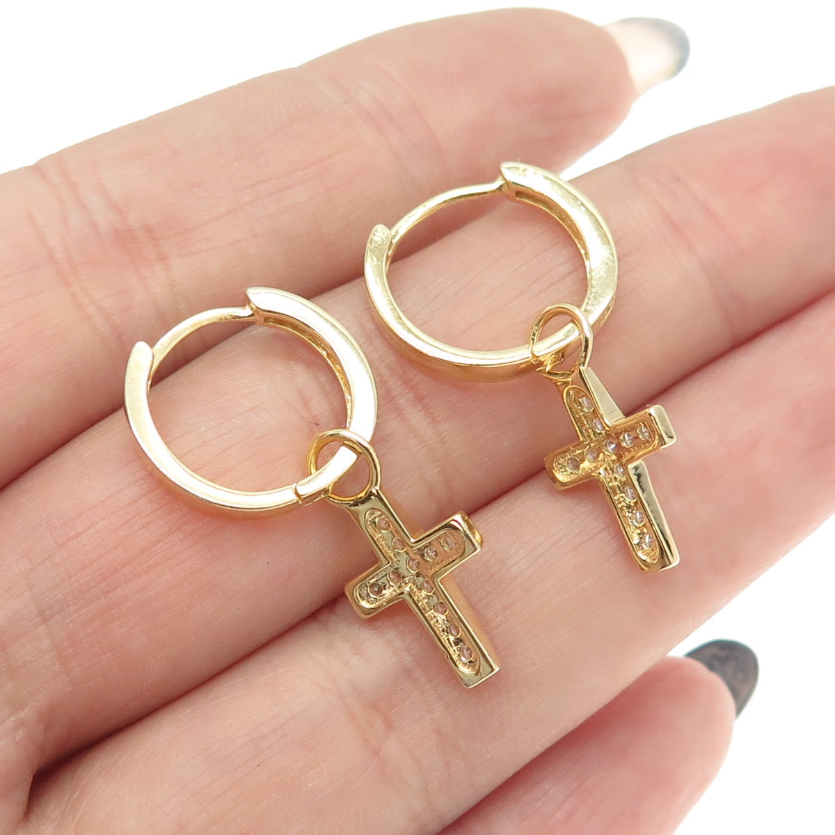 925 Sterling Silver Gold Plated Round-Cut C Z Cross Dangling Charm Hoop Earrings