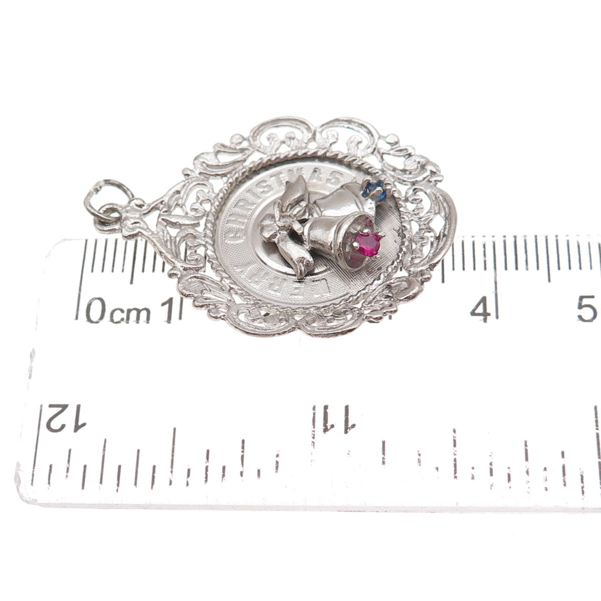 925 Sterling Silver Vintage Rhinestone Merry Christmas Bells Charm Pendant