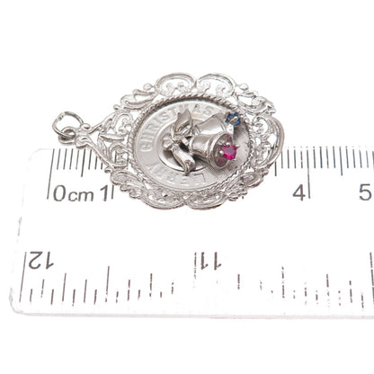 925 Sterling Silver Vintage Rhinestone Merry Christmas Bells Charm Pendant