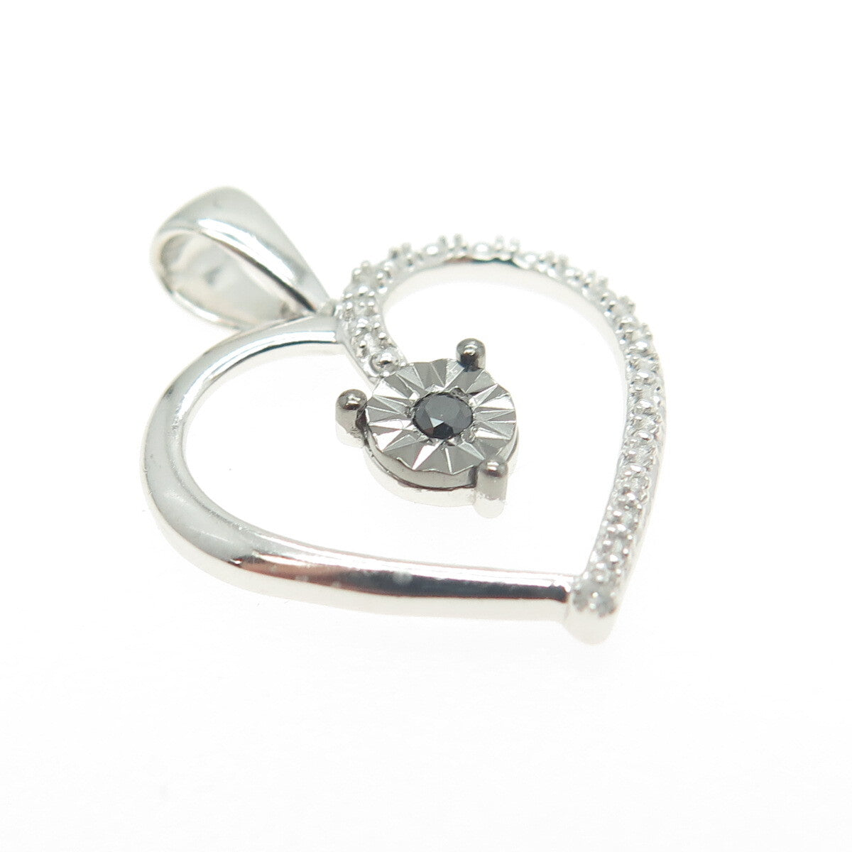 HAN 925 Sterling Silver Real Round-Cut White & Black Diamond Heart Pendant