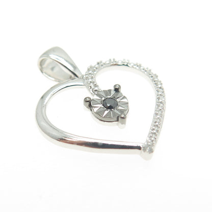 HAN 925 Sterling Silver Real Round-Cut White & Black Diamond Heart Pendant