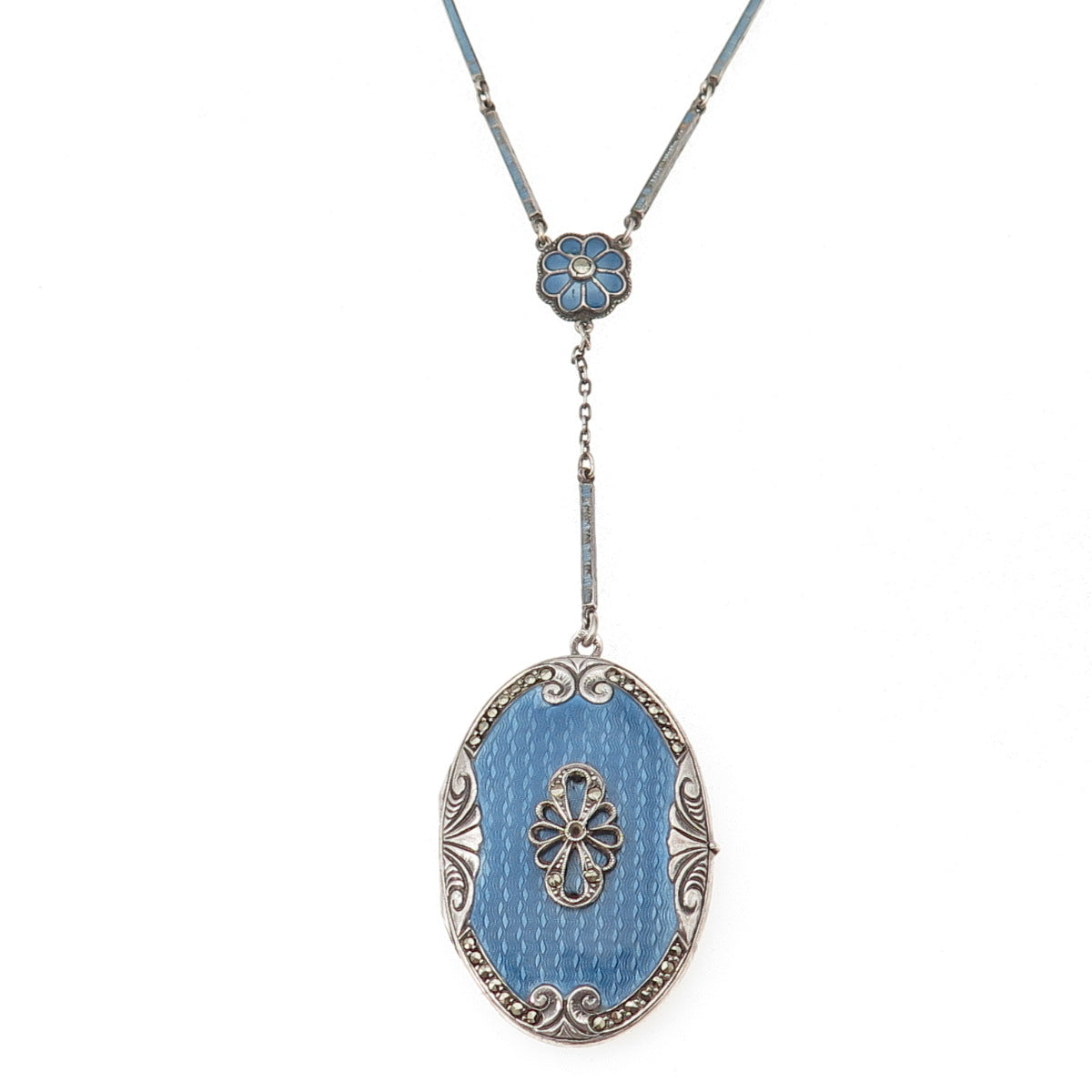 925 Sterling Silver Antique Enamel Marcasite Locket Necklace 30" (missing stone)