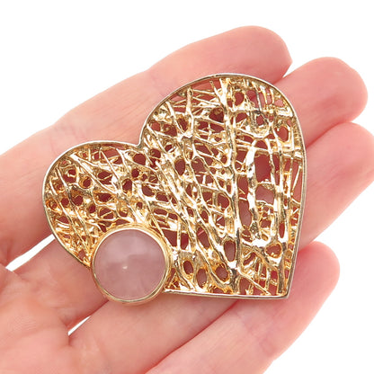 925 Sterling Silver Gold Plated Real Rose Quartz Modernist Heart Slide Pendant