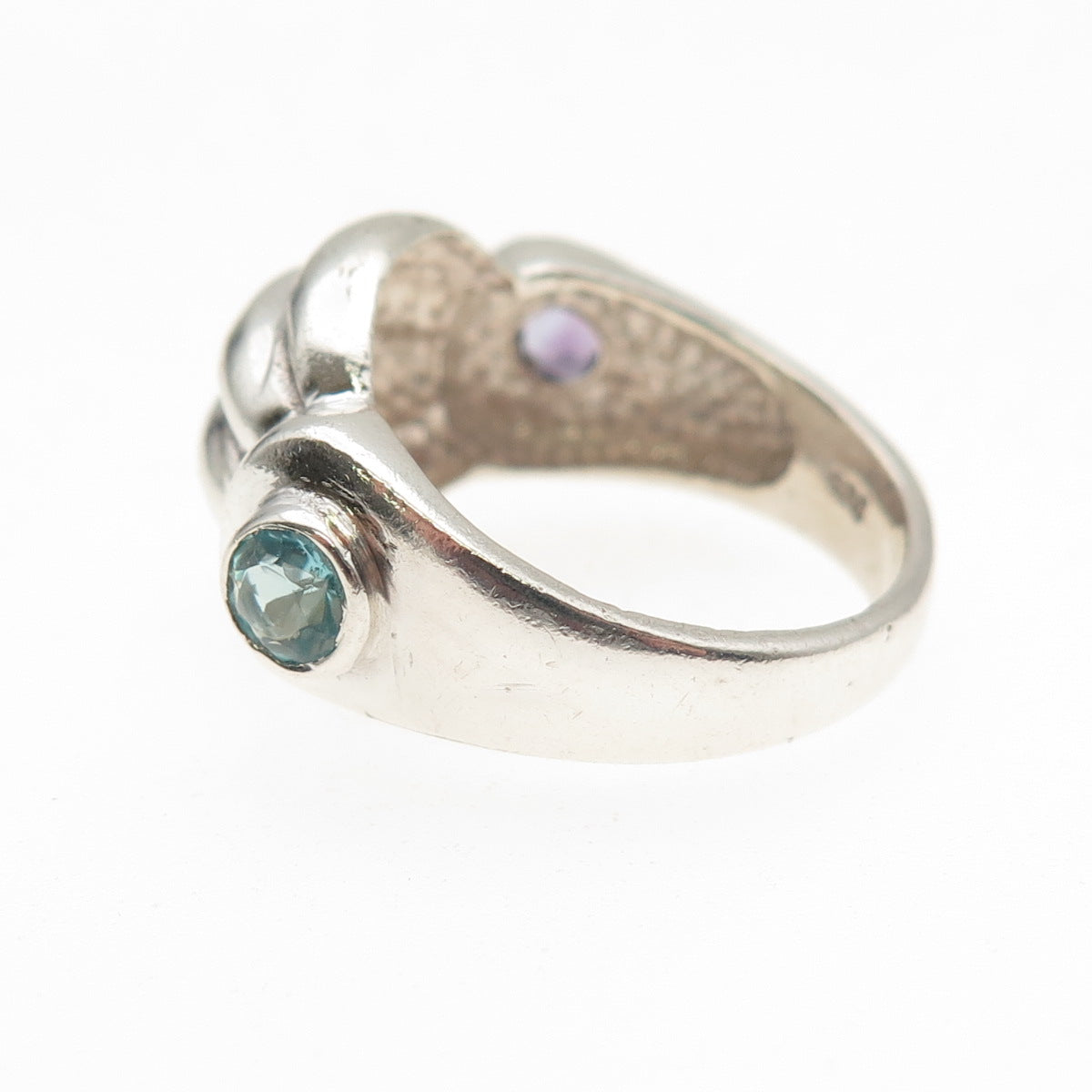 925 Sterling Silver Vintage Real Amethyst & Apatite Modernist Ring Size 7.75