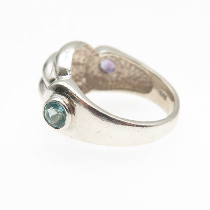 925 Sterling Silver Vintage Real Amethyst & Apatite Modernist Ring Size 7.75