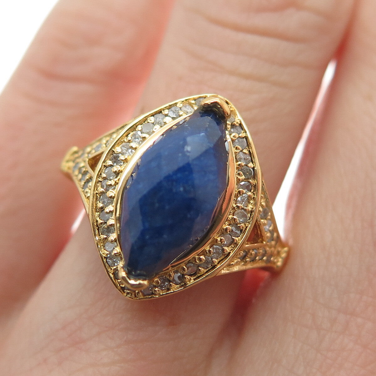 925 Sterling Silver Gold Plated Real Round-Cut Diamond & Sapphire Ring Size 7