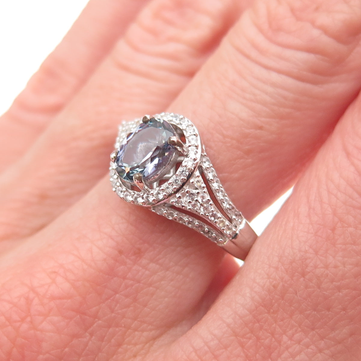 D'Joy 925 Sterling Silver Real Oval-Cut Iolite & White Topaz Ring Size 8