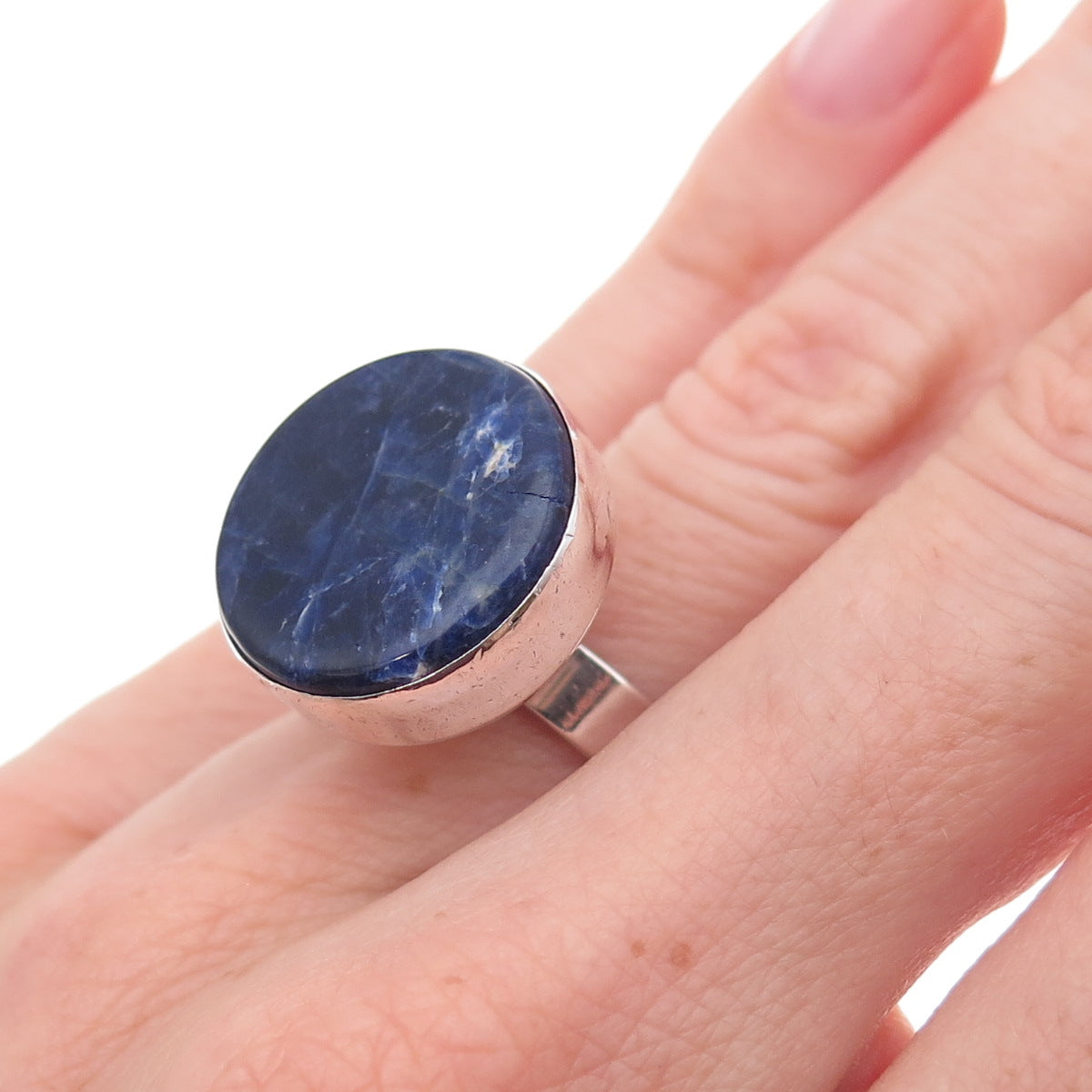 925 Sterling Silver Vintage Israel Real Sodalite Modernist Ring Size 5