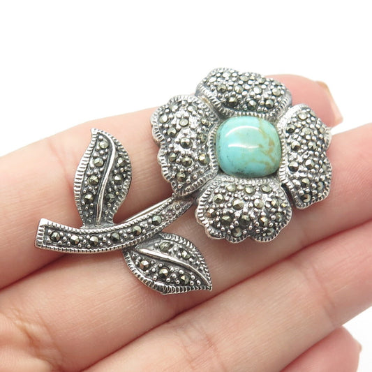 925 Sterling Silver Vintage Real Turquoise & Marcasite Gem Flower Pin Brooch