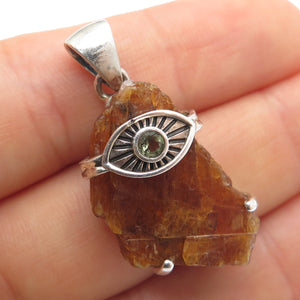 925 Sterling Silver Vintage Real Calcite & Peridot Evil's Eye Charm Pendant