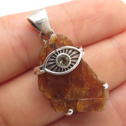 925 Sterling Silver Vintage Real Calcite & Peridot Evil's Eye Charm Pendant