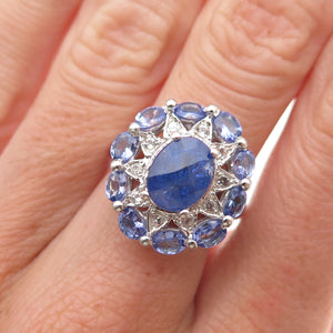 925 Sterling Silver Real Oval-Cut Tanzanite & Round-Cut White Topaz Ring Size 6