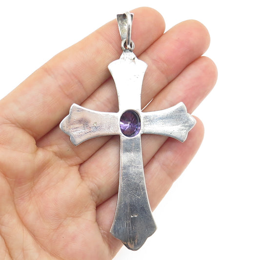 925 Sterling Silver Vintage Real Amethyst & Marcasite Oxidized Cross Pendant