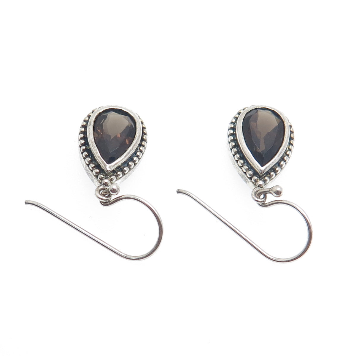 925 Sterling Silver Vintage Real Pear-Cut Smoky Quartz Dangle Earrings