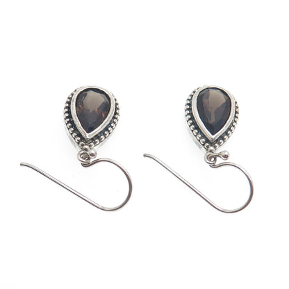 925 Sterling Silver Vintage Real Pear-Cut Smoky Quartz Dangle Earrings
