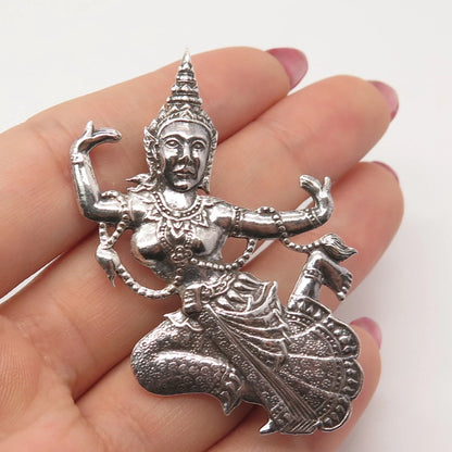 939 Silver Vintage Siam Thai Nakon Niello Hindu Goddess Pin Brooch