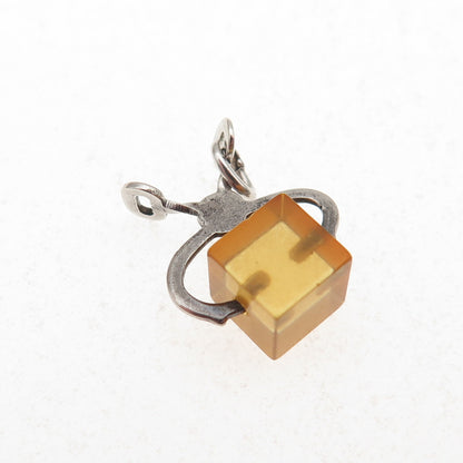 925 Sterling Silver Antique Art Deco Real Amber Sugar Tongs 3D Mini Pendant