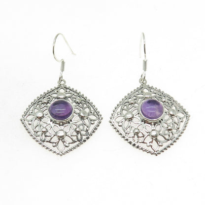 925 Sterling Silver Vintage Real Amethyst Flower Oxidized Dangle Earrings