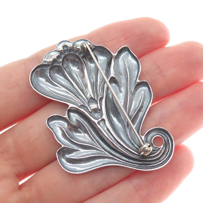 925 Sterling Silver Vintage Flower Leaf Ribbed Oxidized Pin Brooch