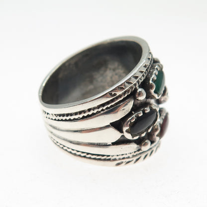 925 Sterling Silver Vintage Real Black & Green Onyx Carnelian Ring Size 9.25