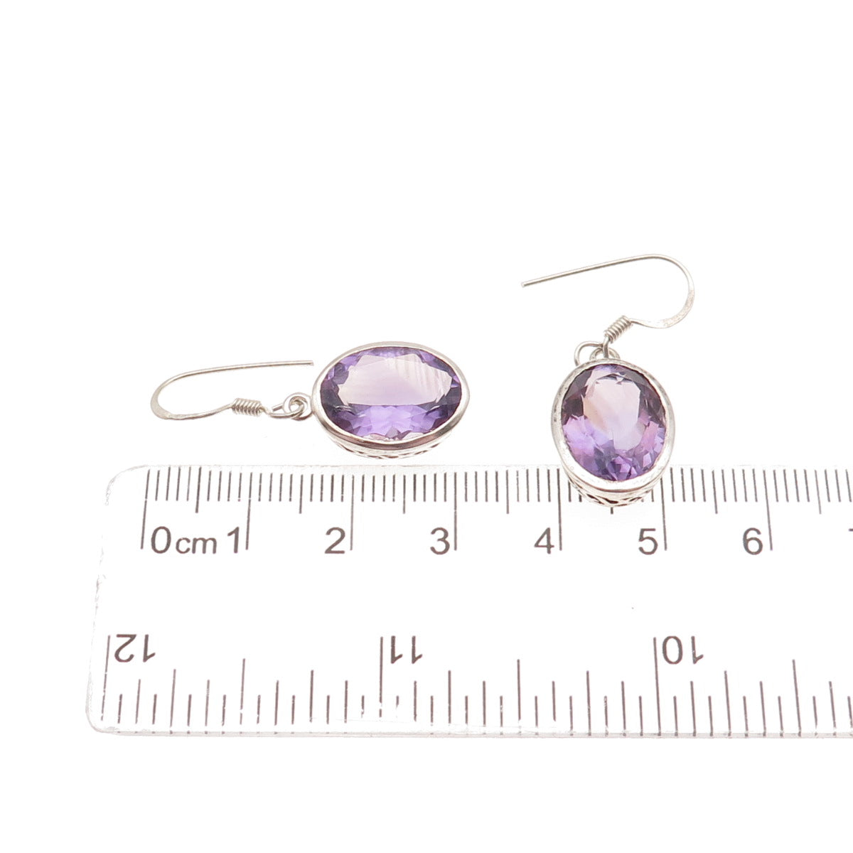 925 Sterling Silver Vintage Real Oval-Cut Amethyst Dangle Earrings