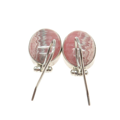 925 Sterling Silver Vintage Real Rose Crazy Lace Agate Gemstone Dangle Earrings