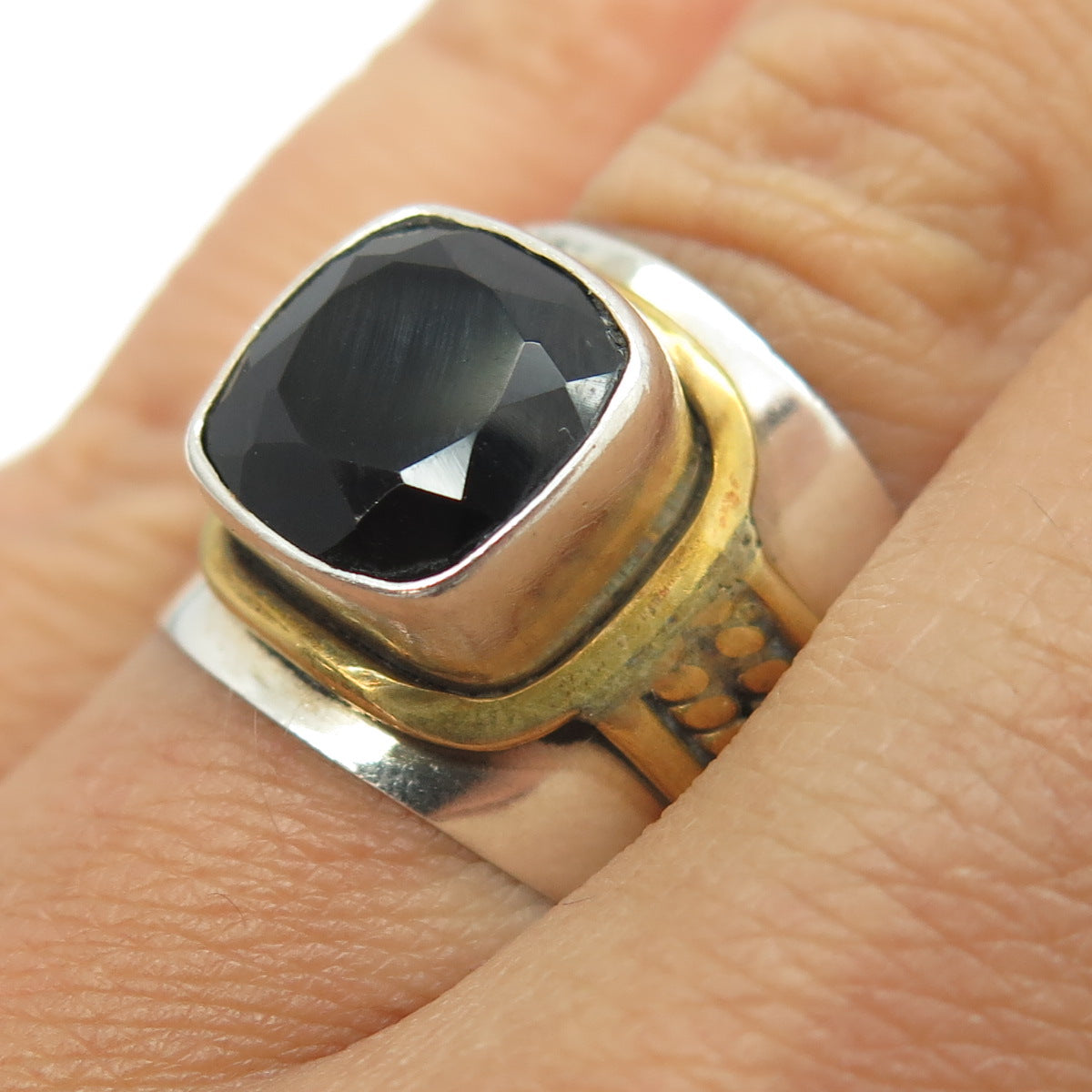 925 Sterling Silver 2-Tone Vintage Real Black Spinel Gemstone Ring Size 7.25