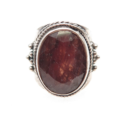 925 Sterling Silver Vintage Real Ruby Modernist Oxidized Ring Size 8.5
