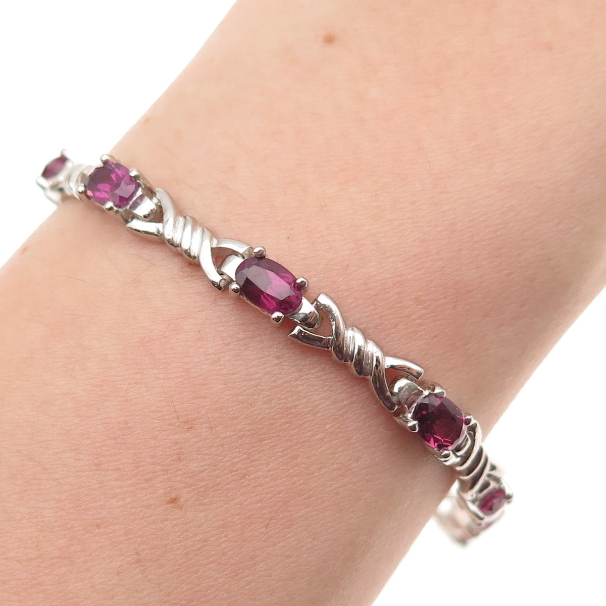 925 Sterling Silver Vintage Real Amethyst Twisted Snaffle Bit Bracelet 7.25"