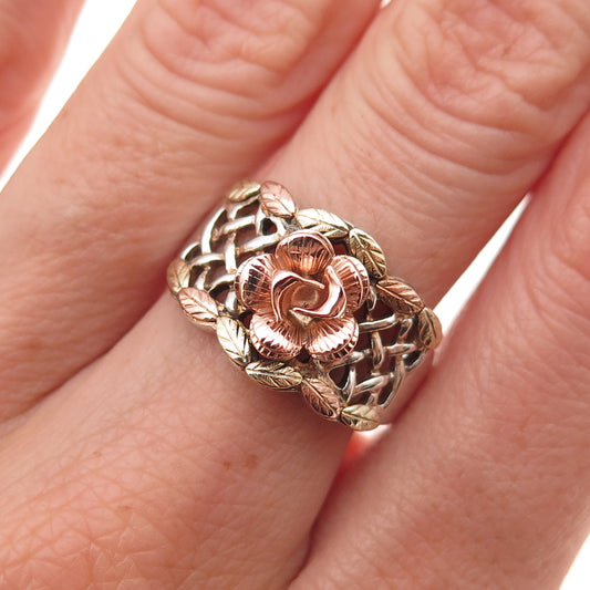 Coleman Co. Sterling Silver 12K Multi-Gold Vintage Rose Floral Ring Size 8.25