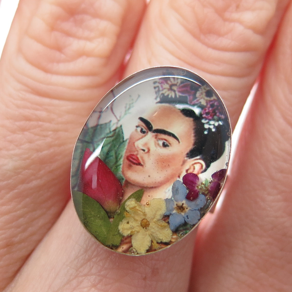 925 Sterling Silver Vintage Enamel Frida Kahlo Pressed Flowers Ring Size 6.75