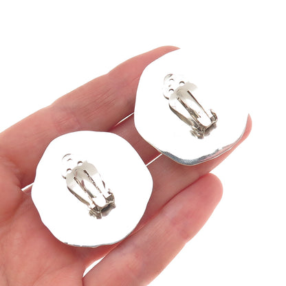 925 Sterling Silver 2-Tone Vintage Mexico Modernist Floral Clip On Earrings