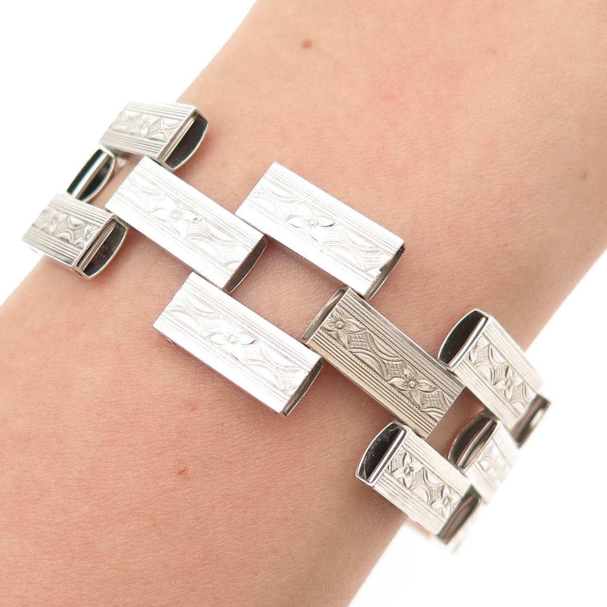 925 Sterling Silver Antique Art Deco Engraved Floral Panel Link Bracelet 6"