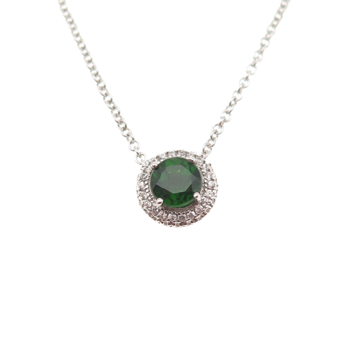 925 Sterling Silver Real Round-Cut Peridot & C Z Cable Chain Necklace 16-18"
